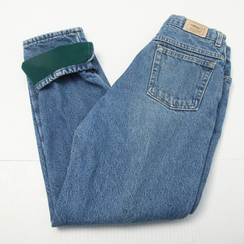 LL Bean Double L Jeans Women 27 Blue Fleece Lined High Rise Tapered Leg Denim